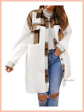 Fuzzy Fleece Shacket Jacket Women Oversized Plaid Button Down Coat